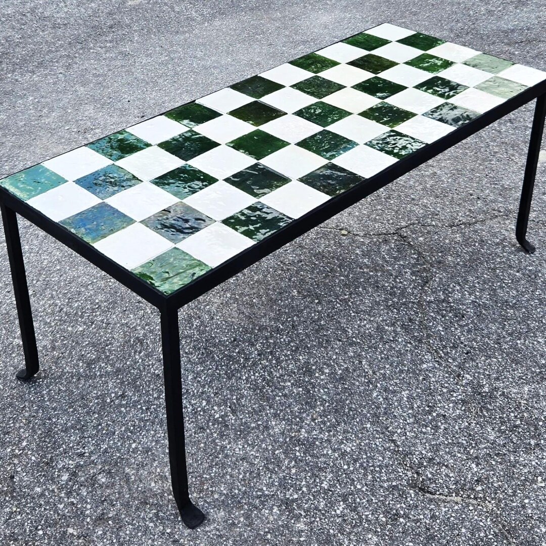 Rectangular Mosaic Table With Green & White Checkered Pattern-mosaic ...