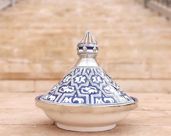 Moroccan Ceramic Tagine with Nickel Silver Inlays-Berber Serving Plate-Handmade Decorative Tagine-Hand Painted Moroccan Dish-Tangine-ArtsFez