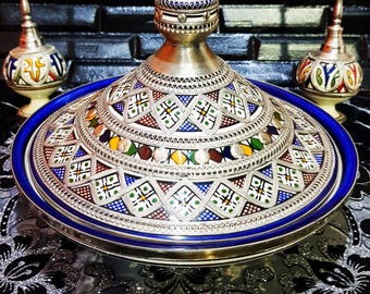 Moroccan Ceramic Tagine with Nickel Silver Inlay-Beautiful Tagine For Meal Serving-Pottery Serving Dish-Tangine-Decorated Ceramic Tagine