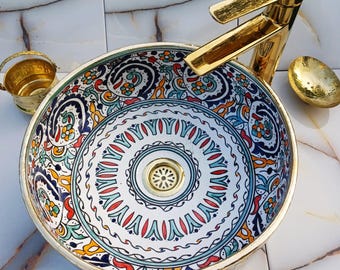 Fast & Free Delivery-Brass Rim Moroccan Wash Basin-Ceramic Bath Sink-Kitchen Tub-Handmade Ceramic Sink with Copper Inlay-Countertop Vessel