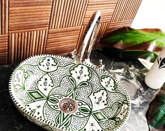 Oval Ceramic Wash Basin-Moroccan Ceramic Bathroom Sink-Handmade Oval Bathtub-Green Painted Pottery Sink-Bathroom Renovation-Vanity Sink