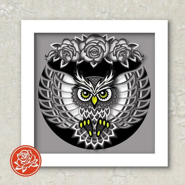 8x8 Shadow Box Owl with roses Svg Files for Cricut