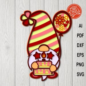 Fichier de coupe ballon pour gâteau d'anniversaire SVG gnome en couches pour Cricut et fabrication de cartes