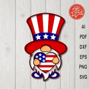Coeur patriotique SVG gnome en couches 4 juillet fichier de coupe pour travaux manuels Cricut