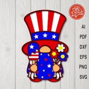 Gnome en couches SVG patriotique 4 juillet coupe fichier pour Cricut et travaux manuels