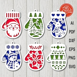 May include: Six white-bordered mitten-shaped ornaments featuring cut-out designs: a Santa Claus, a cabin in the woods, a reindeer, a snowman, a poinsettia, and a geometric pattern. Text on the right lists AI, PDF, DXF, EPS, PNG, and SVG file formats.