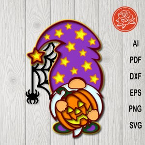 May include: A layered digital illustration of a gnome wearing a purple hat decorated with yellow stars. The gnome holds an orange jack-o'-lantern pumpkin and stands next to a black spiderweb with a hanging spider. Text includes AI, PDF, DXF, EPS, PNG, SVG.