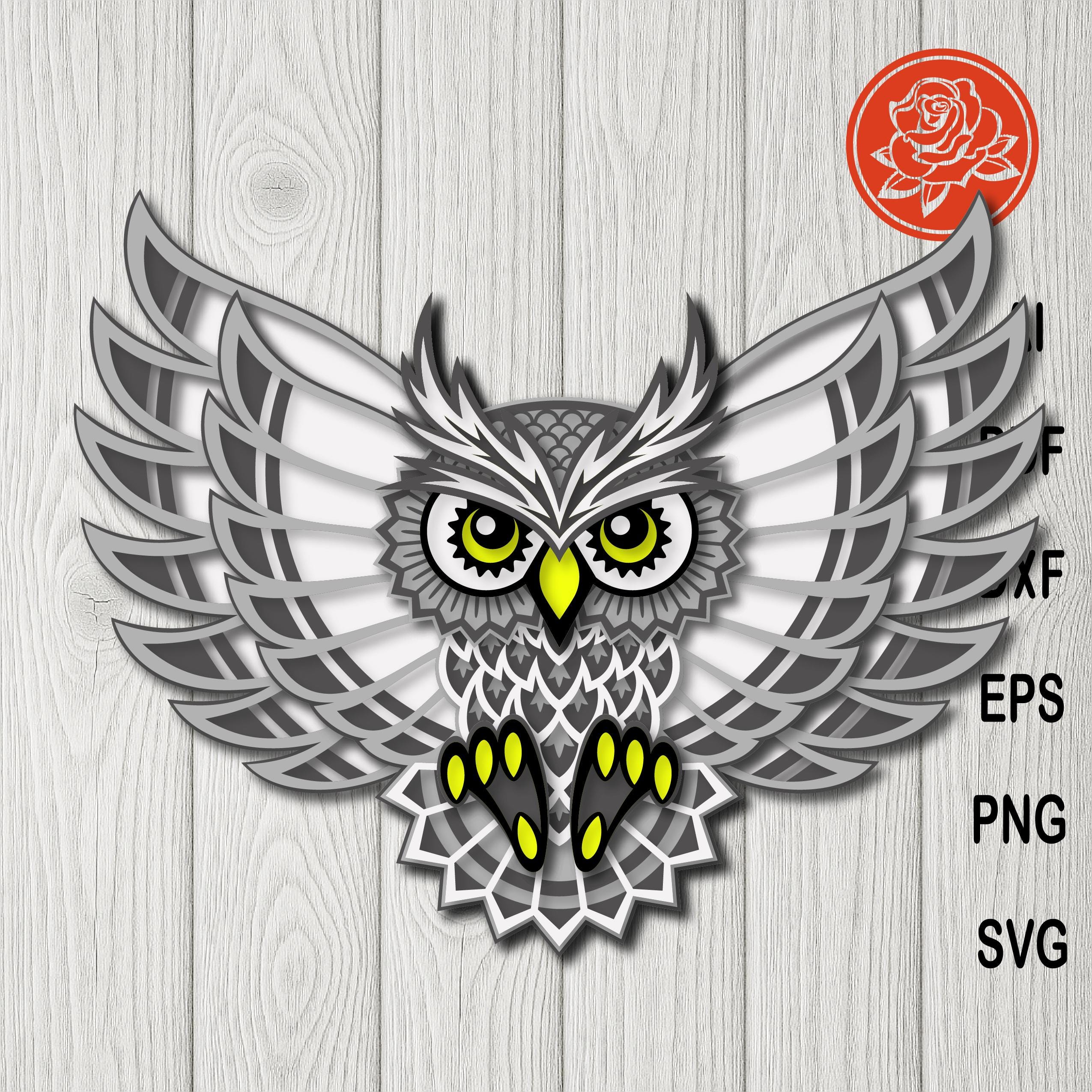 Layered Owl SVG: Gray & White Spread Wings Cut File (Digital Download)