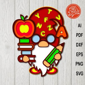Layered Student Gnome SVG, Back to School Gnome Cut File, Teacher Gift SVG, Bookworm Gnome, Cricut Craft, Paper Gnome Decor