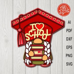 Layered Gnome SVG for Cricut, Back to School Gnome, I Love School Paper Cut, Student Gnome Digital Download, Academic Hat Craft