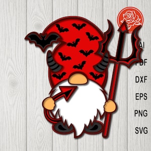 May include: A Halloween-themed gnome illustration. The gnome wears a red hat with black bats and devil horns. It holds a red trident and has a white beard. The image is a digital design, with file format options listed on the right.