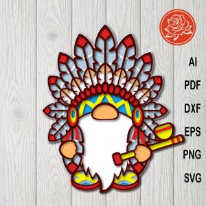 May include: A layered paper cut design of a gnome wearing a Native American headdress, holding a pipe. The gnome has a white beard, and the headdress is red, blue, and yellow. The image includes file type abbreviations: AI, PDF, DXF, EPS, PNG, and SVG.
