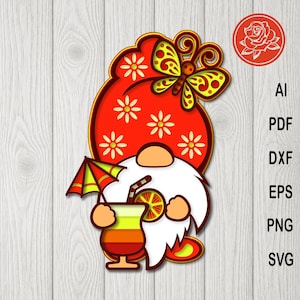 Layered Summer Gnome SVG for Cricut, Cocktail Gnome Cut File,  Gnome Paper Template , DIY Party Decor, Digital Download