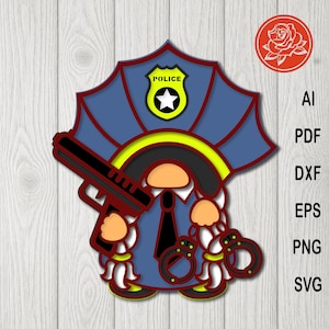 May include: A whimsical police officer gnome design in blue, yellow, and black. The gnome wears a police hat and uniform, holding a gun and handcuffs. A police badge is on the hat. The image includes file format options: AI, PDF, DXF, EPS, PNG, and SVG.