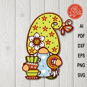 Tea gnome SVG layered papercut file for Cricut projects and DIY crafts