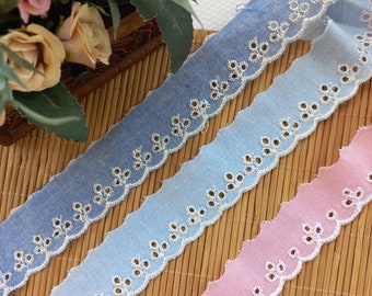 30 mm Embroidery Broderie, Anglaise, eyelet cotton lace trim 1.2" (3cm), Blue, Pink  Cotton embroidery lace edge , scalloped cotton lace
