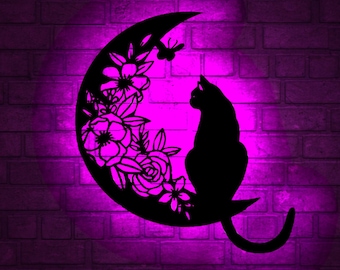 Arte de pared LED RGB con diseño de gato y luna: decoración para el hogar que cambia de color
