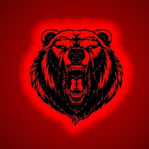 Grizzly Bear Wooden Wall Art LED Light Angry Bear Name Sign Home Decor Bear Roar Wild Animal Decoration Housewarming  Birthday Gift