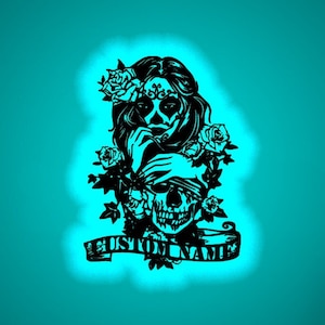 Personalized Couple Sugar Skull Rose Ball Wooden WallArt LED Light Personalized Skull Lover Name Sign Decor FloralSkull Decoration