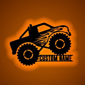 Personalized Monster Truck Driver Wooden Wall Art LED Light Personalized Fire Flame Off Road Vehicle Name Sign Decor Kids Nursery Decoration