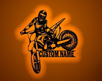 Personalized Motocross Biker Wood Wall Art LED Lights Personalized Dirt Bike Name Sign Motorcycle Decor Rider Decoration Man Cave