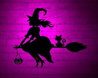 Witch With Broomstick lighted-up WallArt with RGB Color ChangingLed, Wood Wall Decor, Home Decor, Birthday Gift,personalized gifts,