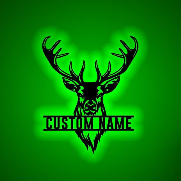 Personalisierte Elch Deer Jagd Holz Wand Kunst LED-Licht Personalisierte Buck Head Hunter Name Zeichen Dekor Geweih Cabin Dekoration Weihnachten Geburtstag