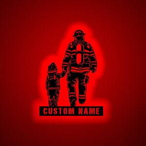 Custom Father Daughter Firefighter Wood Wall Art LED Light Personalized Fireman Name Sign Home Decor Fire Department Nursery Decoration
