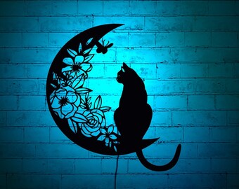 Gato e Lua iluminados WallArt com RGB Color ChangingLed, rgblight, decoração de parede de madeira, decoração para casa, presente de aniversário, presentes personalizados,