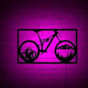 Fahrrad und Berg Wand Kunst mit RGB Farbwechsel Led, Holz Wanddekoration, RGB Lichter, Wohnkultur, Geburtstagsgeschenk