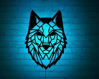 Arte de parede iluminada de lobo geométrico com LED RGB que muda de cor, decoração de parede de madeira, luzes RGB, decoração para casa, presente de aniversário, presentes personalizados