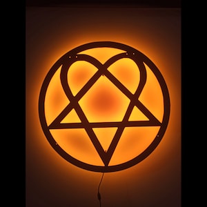 Heartagram Symbol Wooden Wall Art with rgb Led Light, Heart Pentagram Shaped Sign Decoration,  Heartagram Home Decor, Heartagram rgb sign
