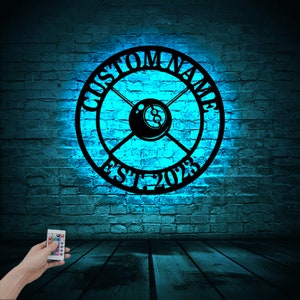 Individuelles Billardschild mit LED-Licht, individuelle Billard-Wandkunst aus Holz, Billardzimmerdekoration, Billard-Namensschild, Geschenk für Billardliebhaber