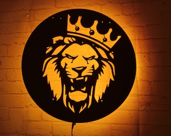 Arte de parede iluminada King Lion com LED de mudança de cor RGB, decoração de parede de madeira, luzes RGB, decoração de casa, presente de aniversário