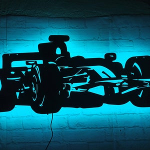 Arte de pared iluminado de Fórmula 1, LED RGB de 16 colores con control remoto, decoración de pared de madera, decoración del hogar, cumpleaños