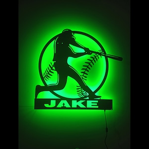 Arte de pared de madera de béisbol personalizado con luz LED rgb, signo de nombre de jugador de softbol personalizado, decoración del hogar, signo de nombre de neón de béisbol, regalo de béisbol