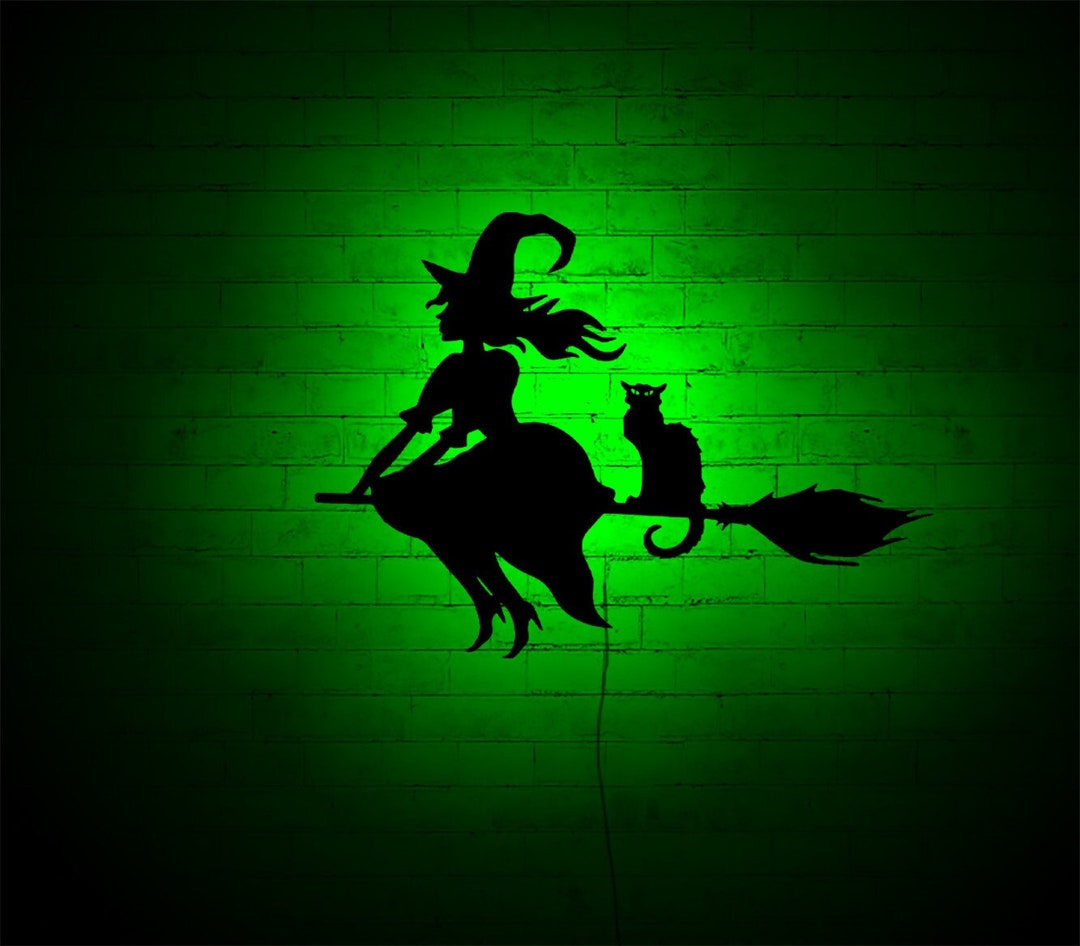 Halloween Flying Witch Wall Art With Rgbcolor Changing Led, Wood Walldecor, RGB Lights, Home