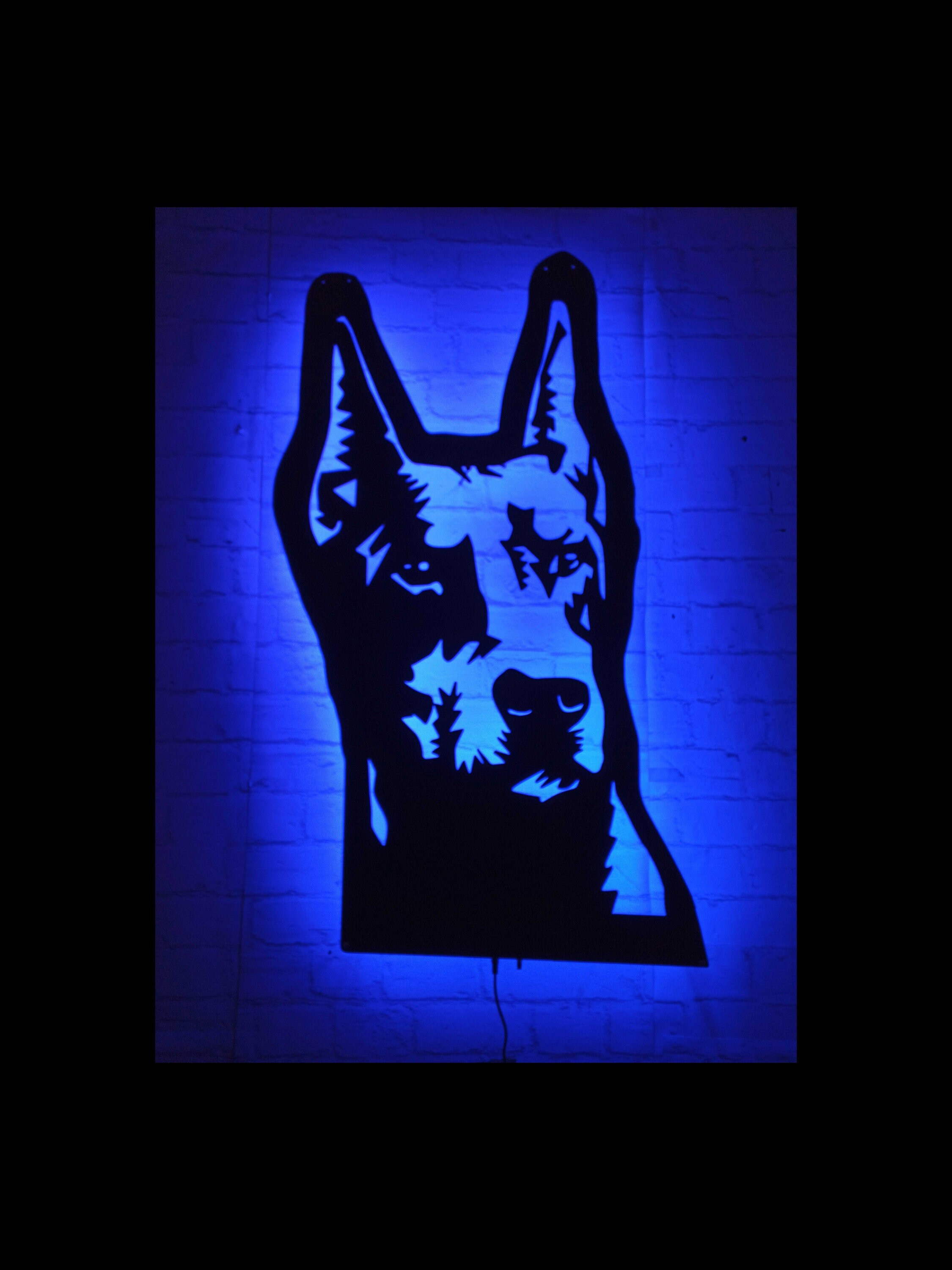 Arte de parede iluminada para cachorro Doberman, LED RGB 16 cores com controle remoto, decoração de parede de madeira, decoração de casa, aniversário