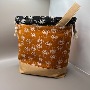 Orange Mushroom Print Project Bag: Knitting Crochet Sack