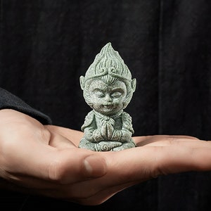 Meditating Monkey King Tea Pet, Wukong Green Stone Sculpture, Ceramic Pottery Art Tea Accessories