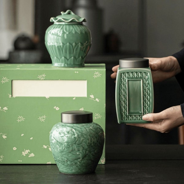 Jade Green Tea Jar Gift Box Set, Large Japanese Tea Caddy with Lid for Loose Tea Leaves