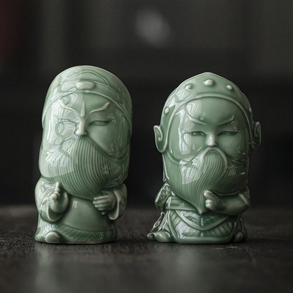 Celadon Guardian Tea Pet Set | Chinese Tea Ceramic Sculpture | Tea Ceremony Accessories | Gifts for Tea Lovers