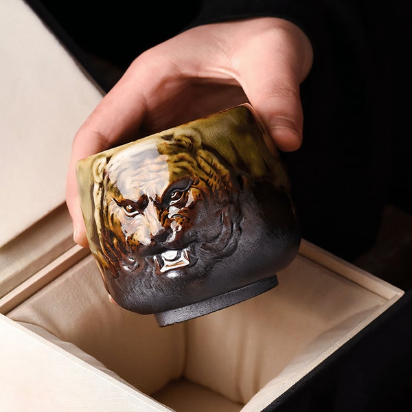 Glazed Ceramic Tiger Tea Cup with Gift Box, Vintage Japanese Teacup, Oriental Buddha Cup, Chinese Tea Ceremony