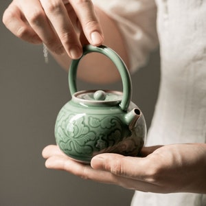 Jade Green Mini Teapot with Round Handle and Strainer, Small Japanese Ceramic Kettle, Unique Decorative Cute Asian Pottery