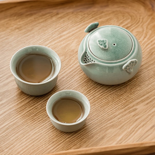 Celadon Porcelain Travel Tea Set, Chinese Ceramic Gongfu Tea Cups, Teapot with In-Built Tea Strainer, Carry Case