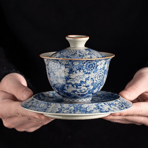 Blue Porcelain Floral Gaiwan Tea Set, Chinese Large Ceramic Tea Cup with Saucer & Lid, Traditional Tea Ceremony, Beautiful Tea Gifts