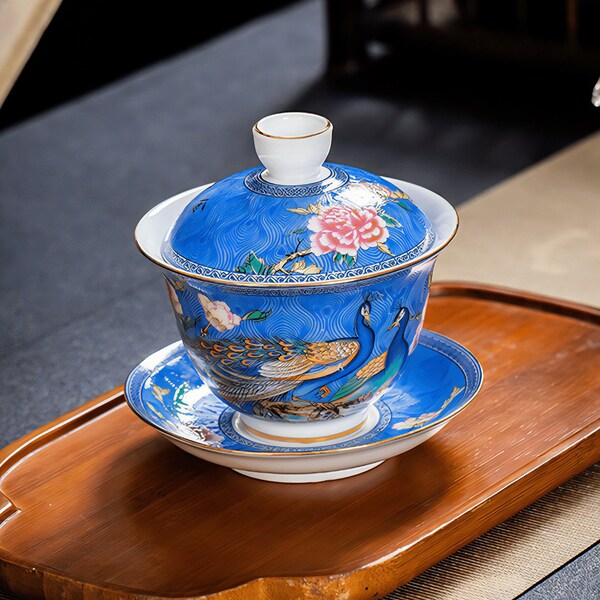 Oriental Royal Peacock Gaiwan Tea Set, Ceramic Chinese Tea Cup and Saucer, Colorful Porcelain Tea Bowl with Lid, Pu-Erh Tea Brewer - 6.8oz