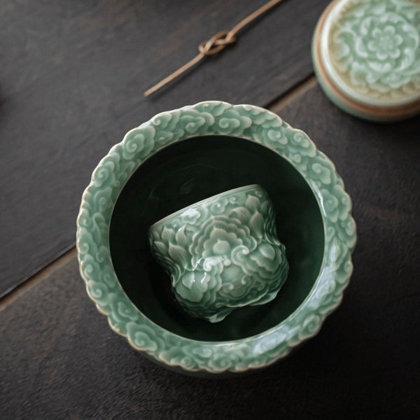 Jade Green Tea Wash Bowl, Glazed Ceramic Japanese Art Pottery, Porcelain Chinese Gongfu Tea Ceremony