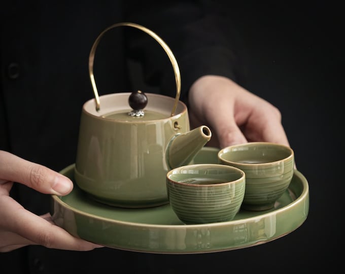 Ceramic Japanese Teapot Set | Chinese Tea Set with Tea Tray, Tea Kettle, Tea Canister and 2 Tea Cups | Handmade Traditional Tea Set