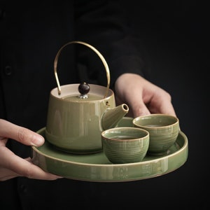 Ceramic Japanese Teapot Set | Chinese Tea Set with Tea Tray, Tea Kettle, Tea Canister and 2 Tea Cups | Handmade Traditional Tea Set